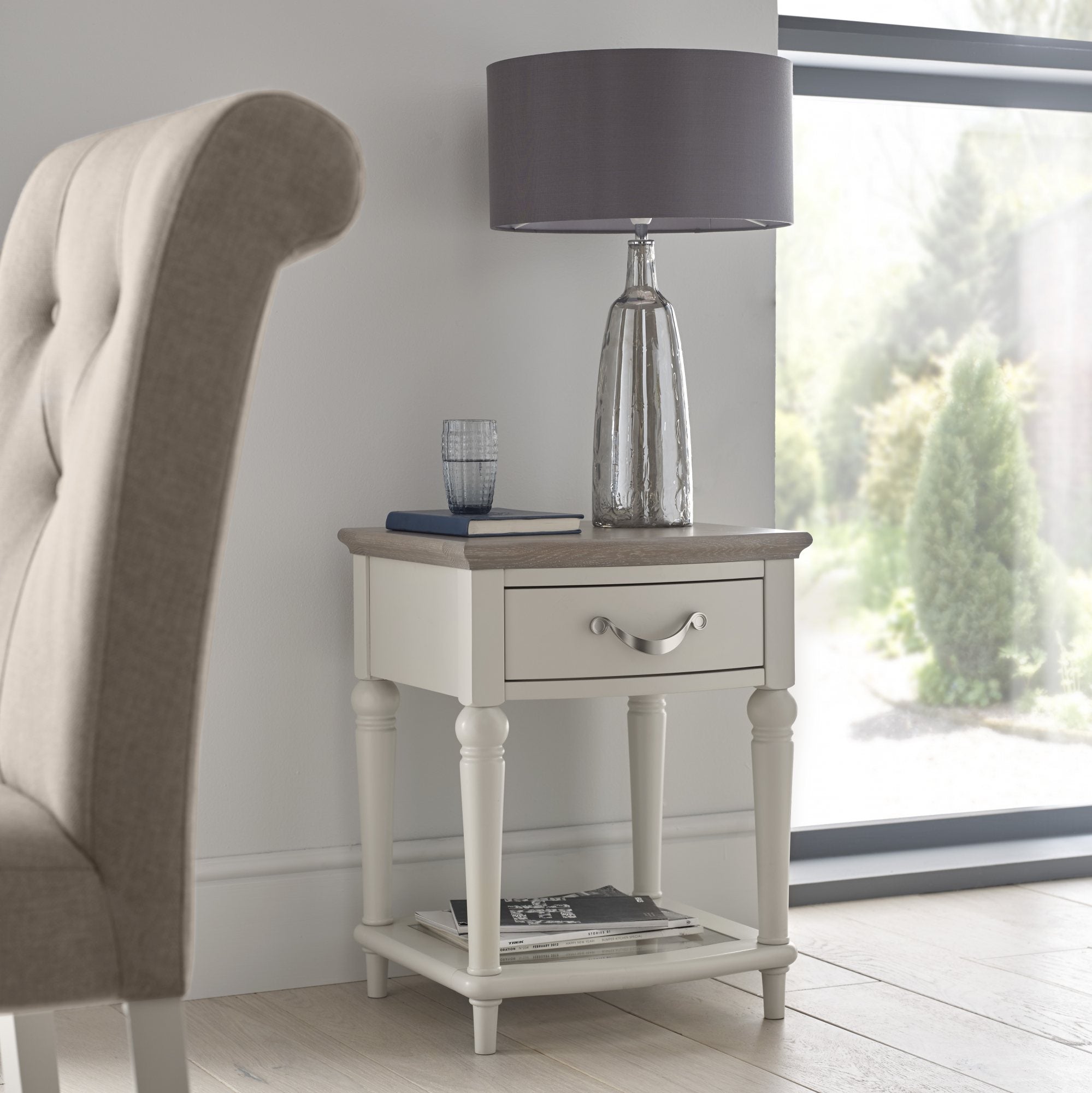 Oak soft grey lamp table with natural oak top
