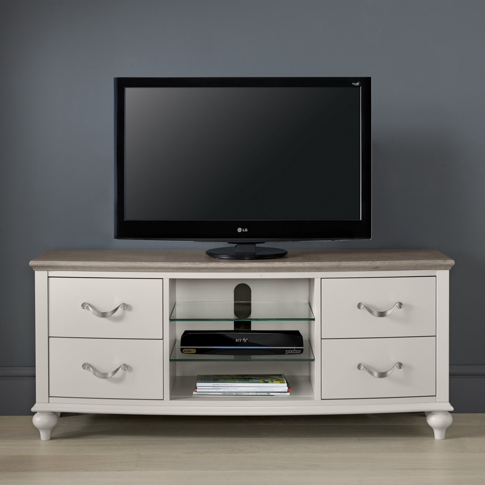 Oak soft grey entertainment unit with natural oak top