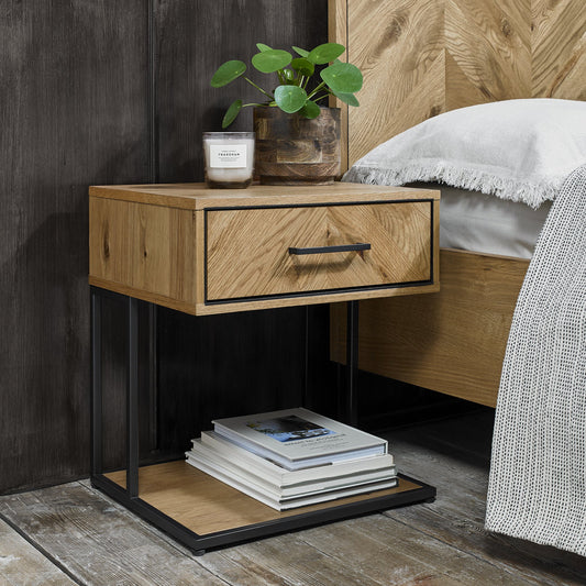 Rustic oak 1 drawer nightstand with black powder coated metal frame
