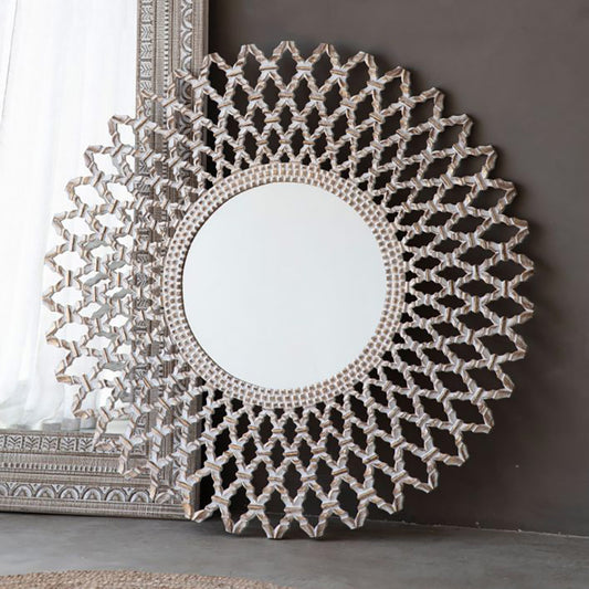 Large whitewash round mirror with latticework frame 