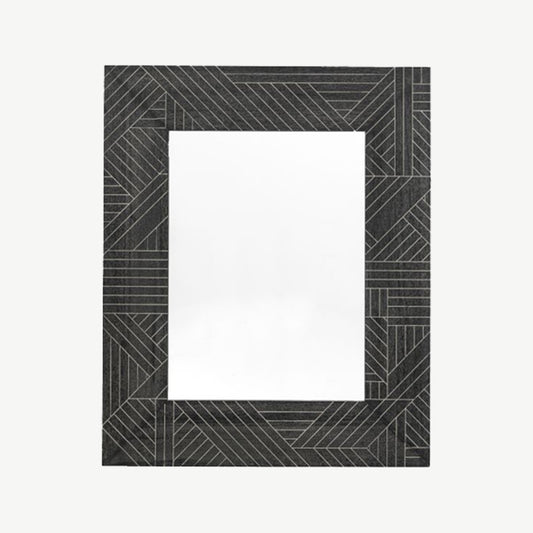 Wooden frame mirror finished in a sleek black wash and thin white geometric lines