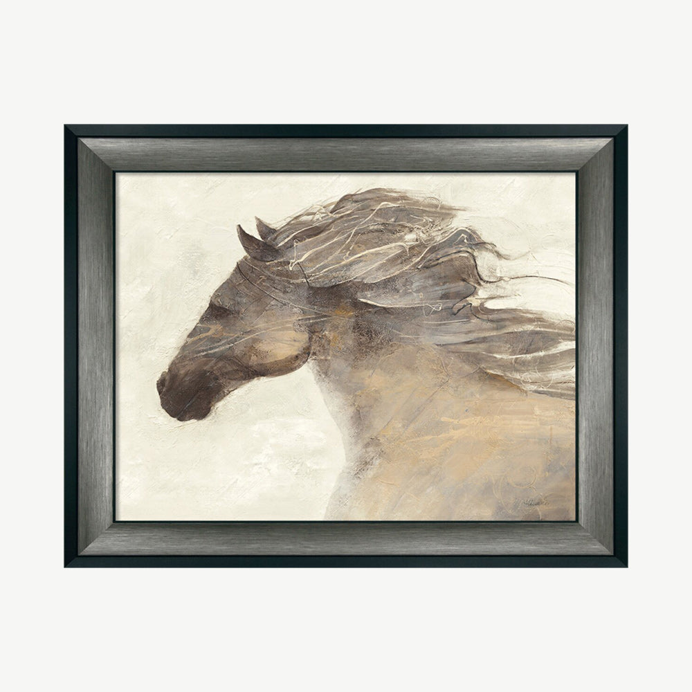 Horse in full gallop wall art tastefully finished in a gunmetal frame with a sleek black edge