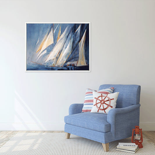 Framed boat scene on blue background