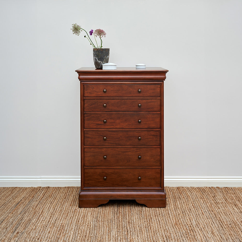 6 drawer tall chest crafted from solid wood veneers in rich cherrywood