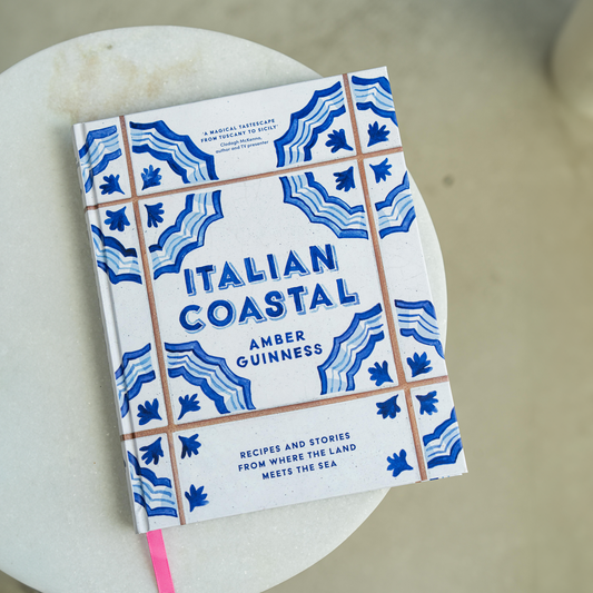 Italian coast themed recipe book in blue and white