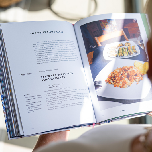 Italian coast themed recipe book in blue and white