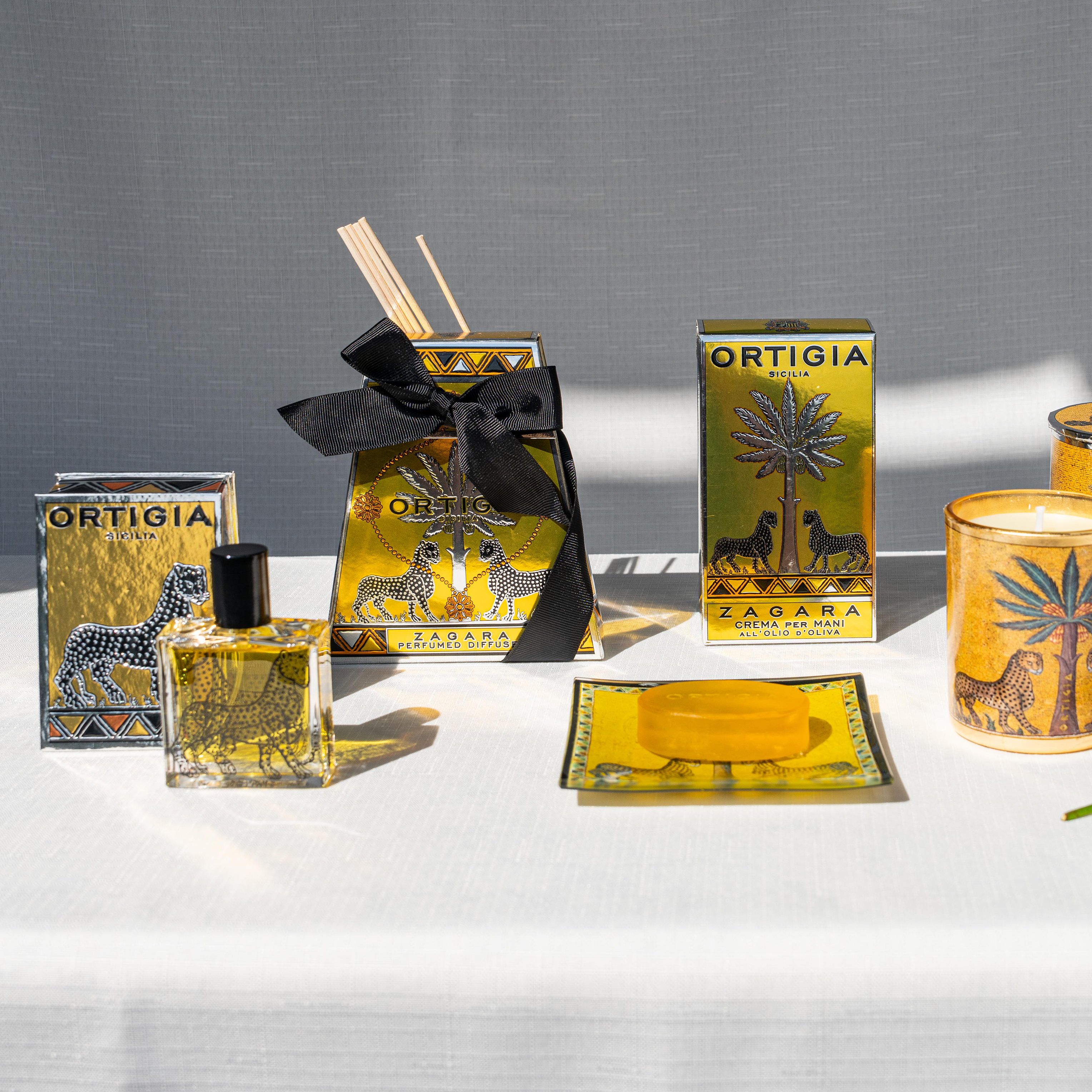 Ortigia Zagara Eau De Parfum in leopard engraved glass bottle and packaged in original decorative box