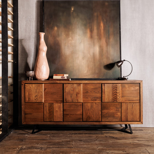 Solid oak checkerboard front sideboard in natural finish with black powder coated metal legs
