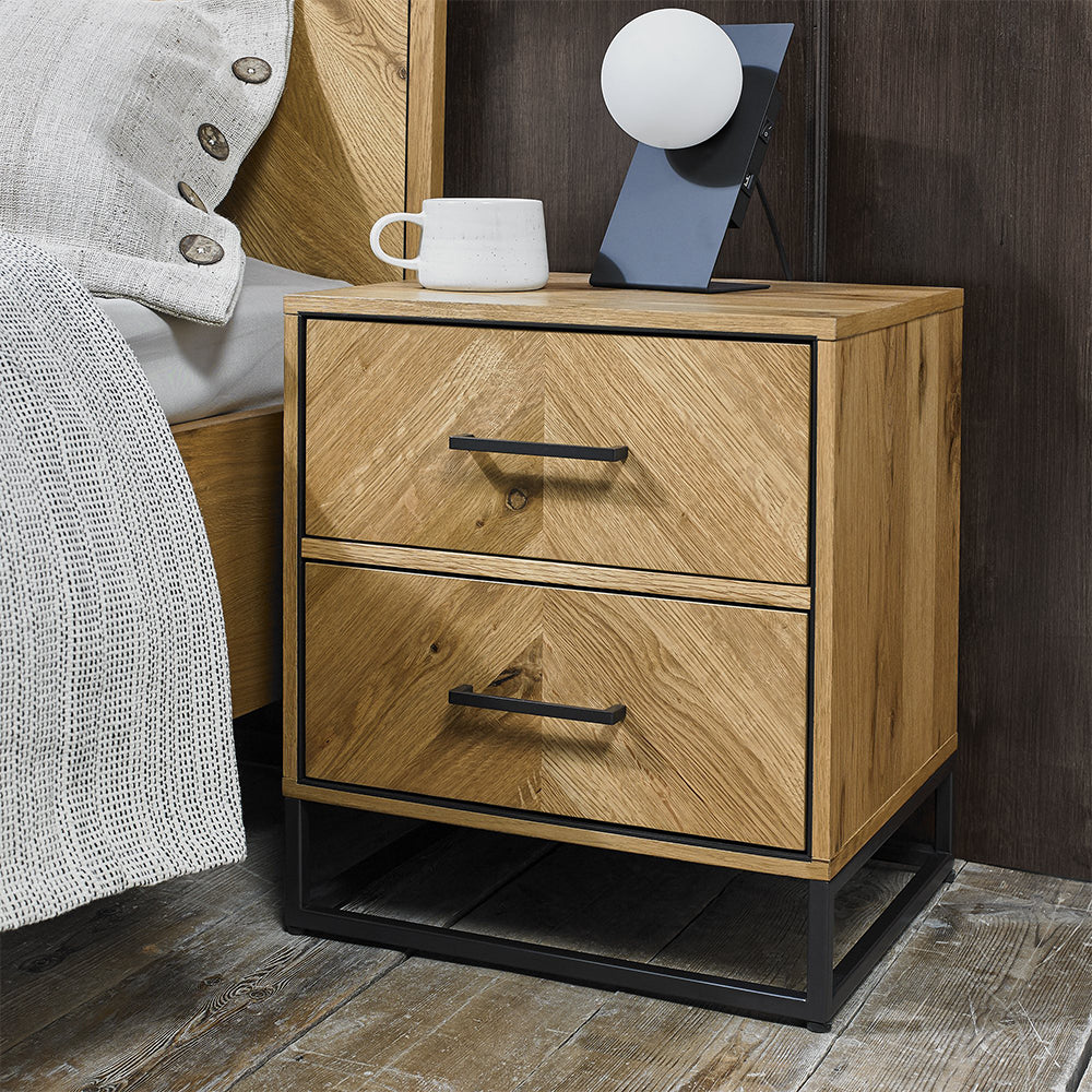 Rustic oak 2 drawer nightstand with black powder coated metal frame
