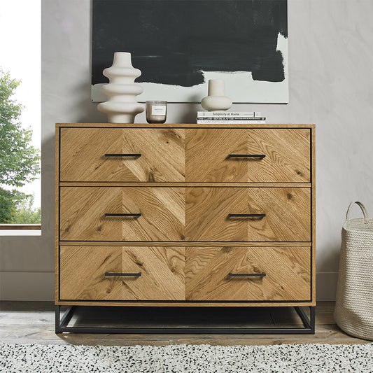 Rustic oak 3 drawer tall chest with black powder coated metal frame
