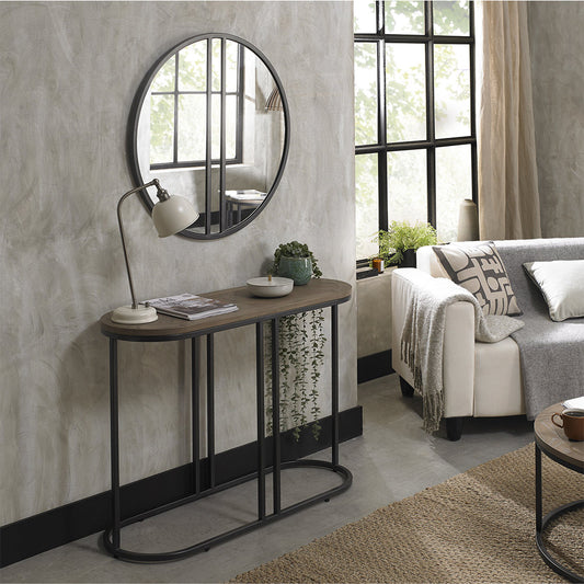 Brown ash veneer console table with marquetry top and black powder coated metal base