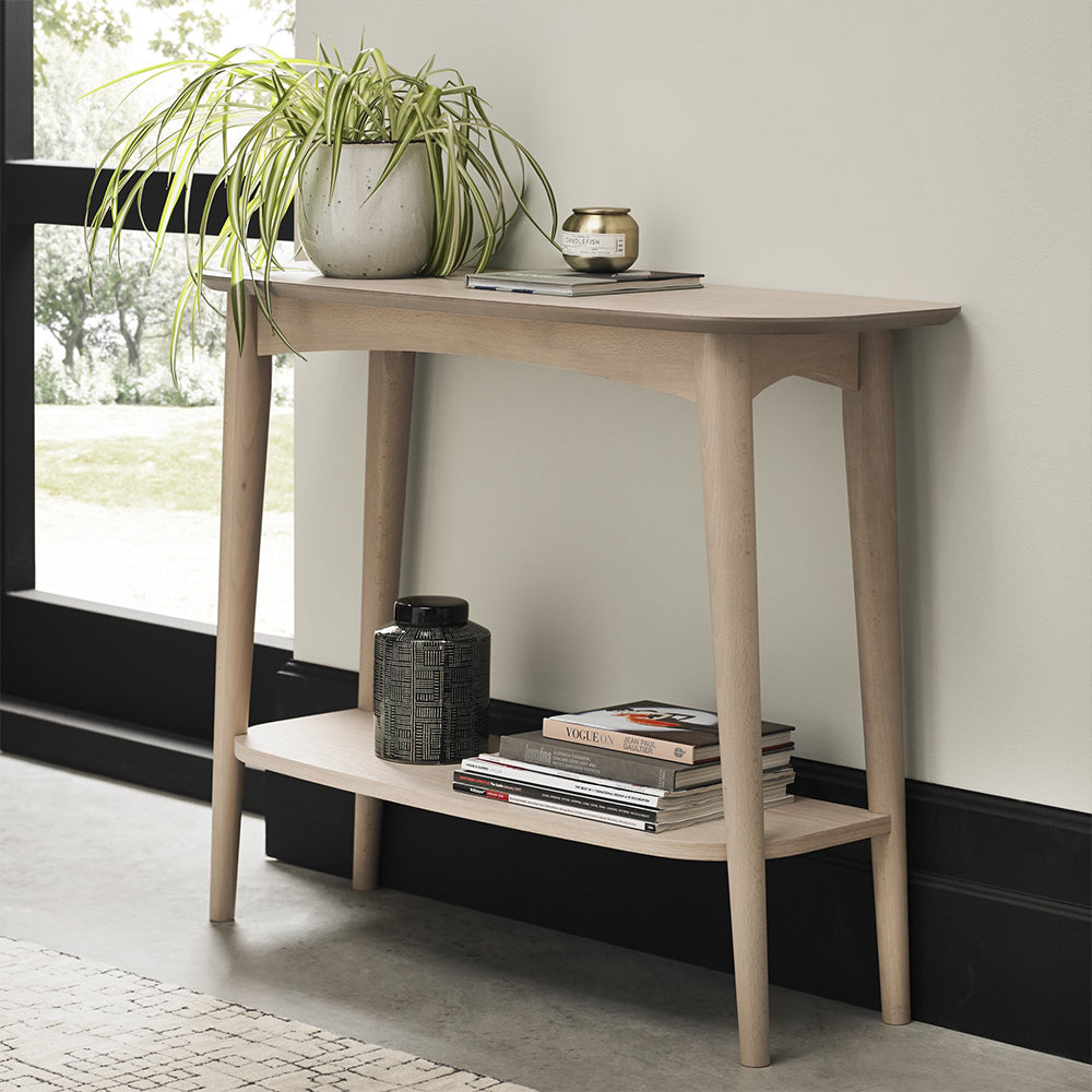 Oak veneer console table with shelf and solid beech legs in light oak finish