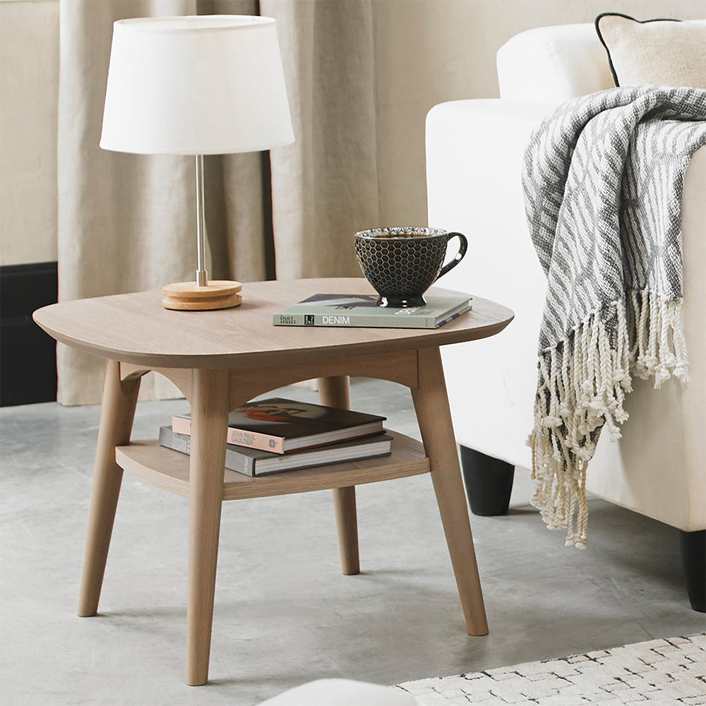 Oak veneer lamp table with shelf and solid beech legs in light oak finish
