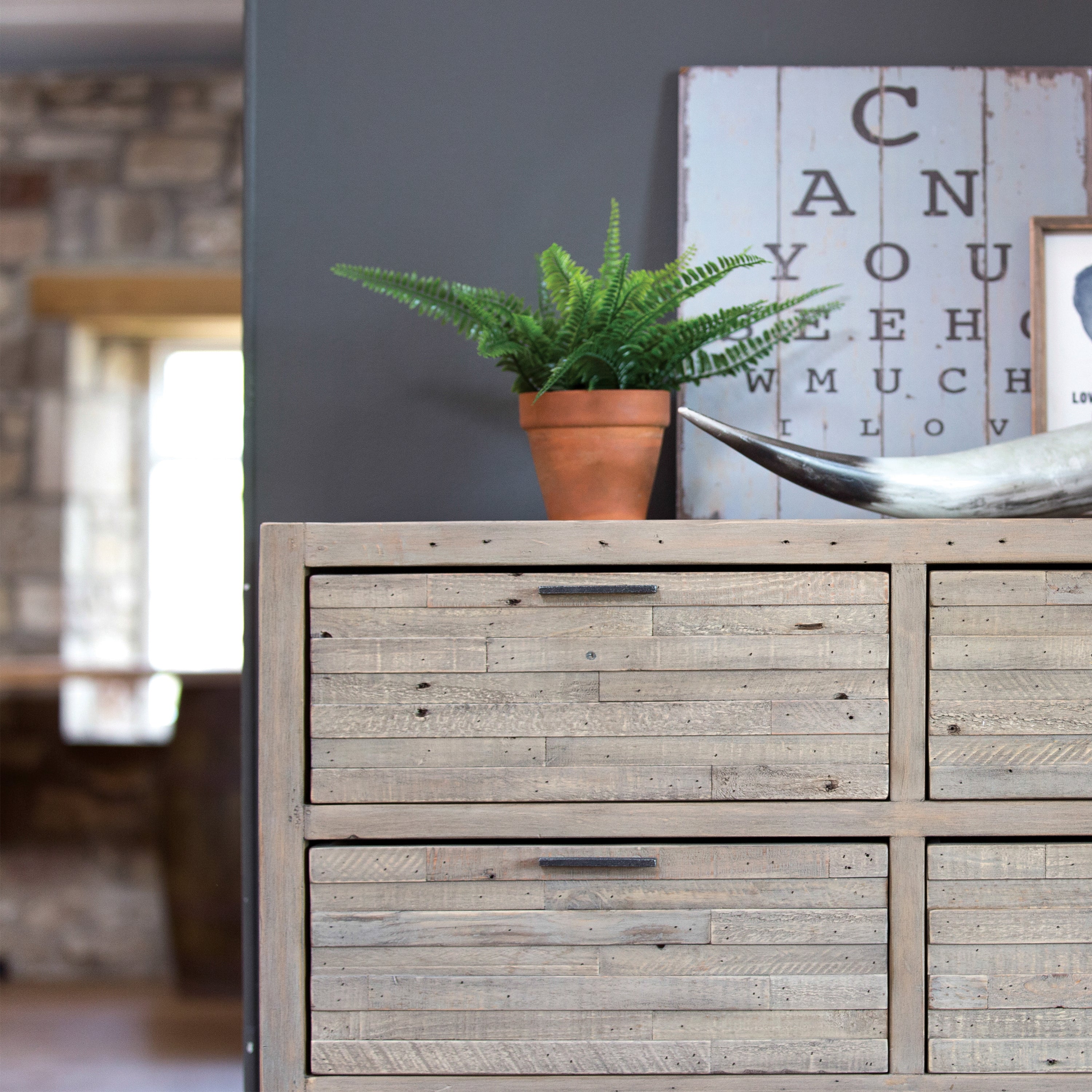 Reclaimed timber 4 and 2 drawer chest in light grey teak finish