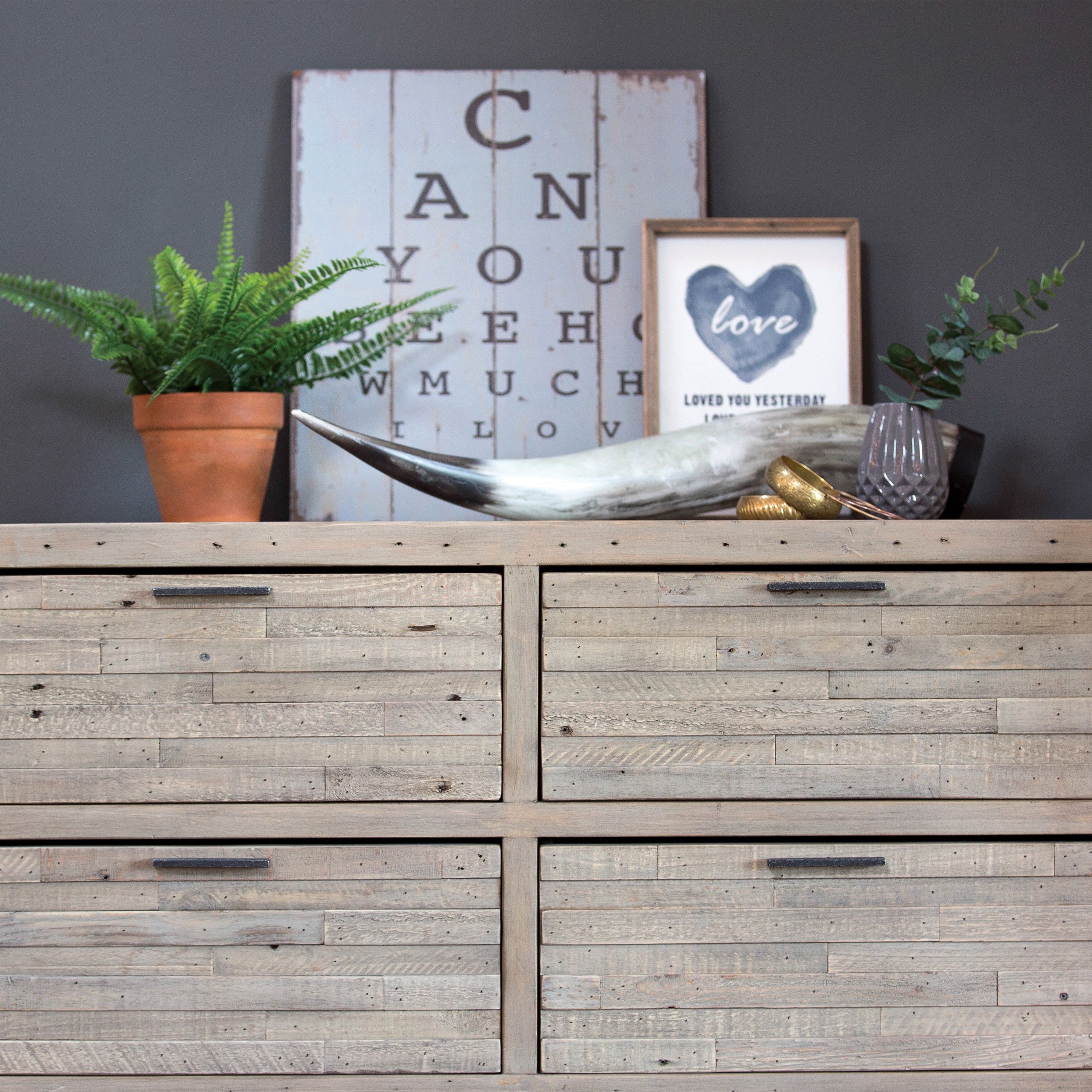 Reclaimed timber 4 and 2 drawer chest in light grey teak finish