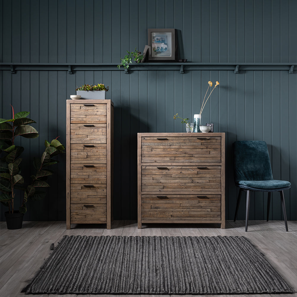 Reclaimed timber 6 drawer tallboy in light grey teak finish