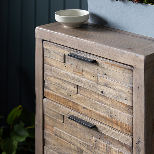 Reclaimed timber 6 drawer tallboy in light grey teak finish