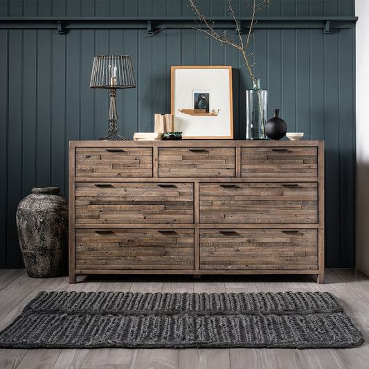 Reclaimed timber 7 drawer wide chest in light grey teak finish