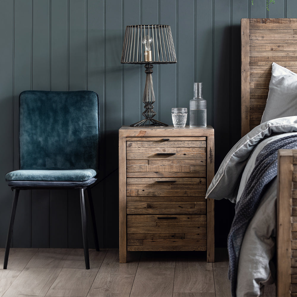 Reclaimed timber 3 drawer bedside cabinet in light grey teak finish