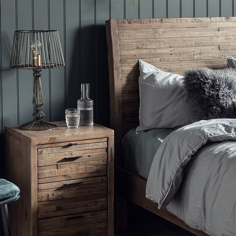 Reclaimed timber 3 drawer bedside cabinet in light grey teak finish