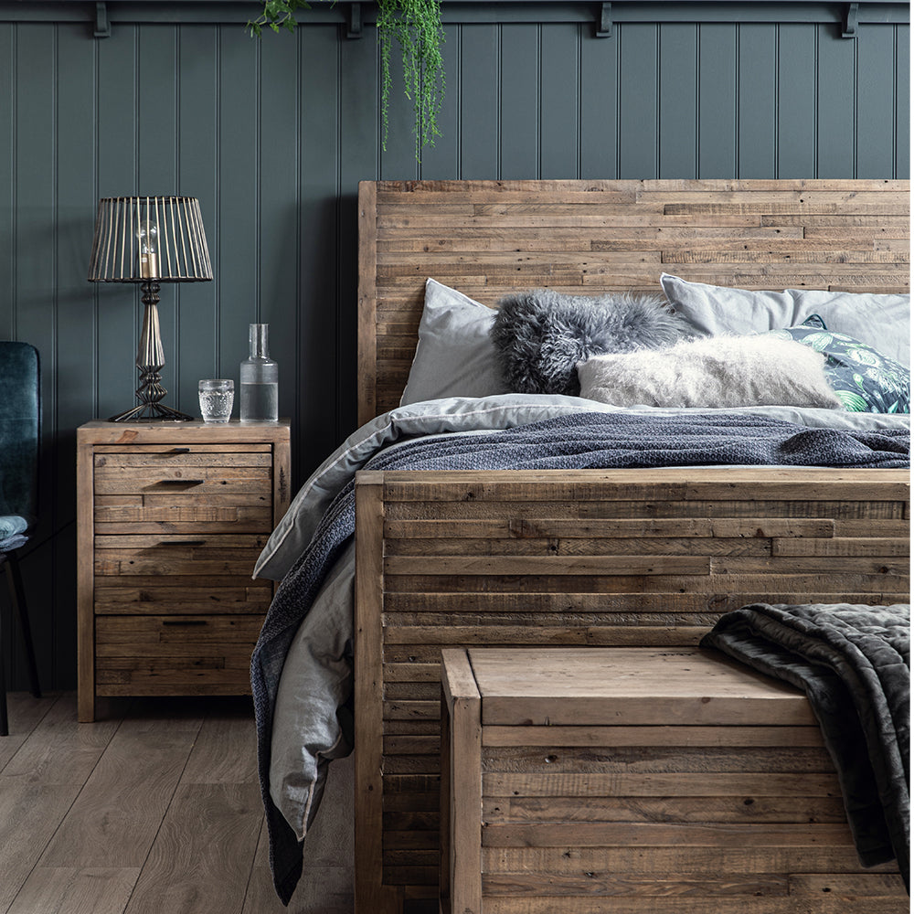 Reclaimed timber 3 drawer bedside cabinet in light grey teak finish