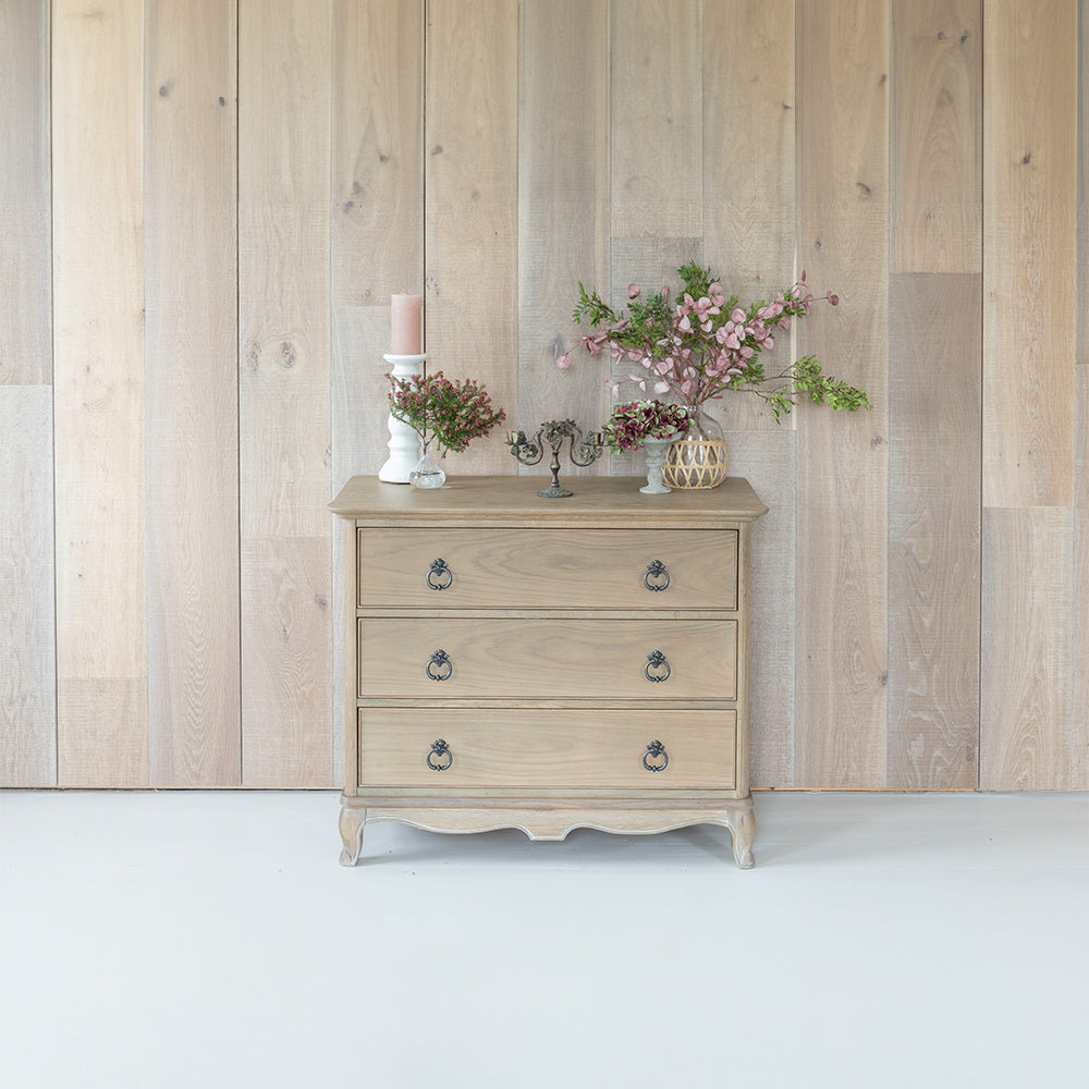 Solid oak 3 drawer chest in soft antique finish
