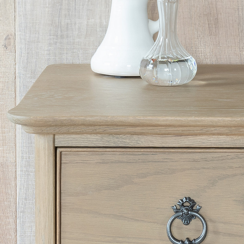 Solid oak 3 drawer chest in soft antique finish
