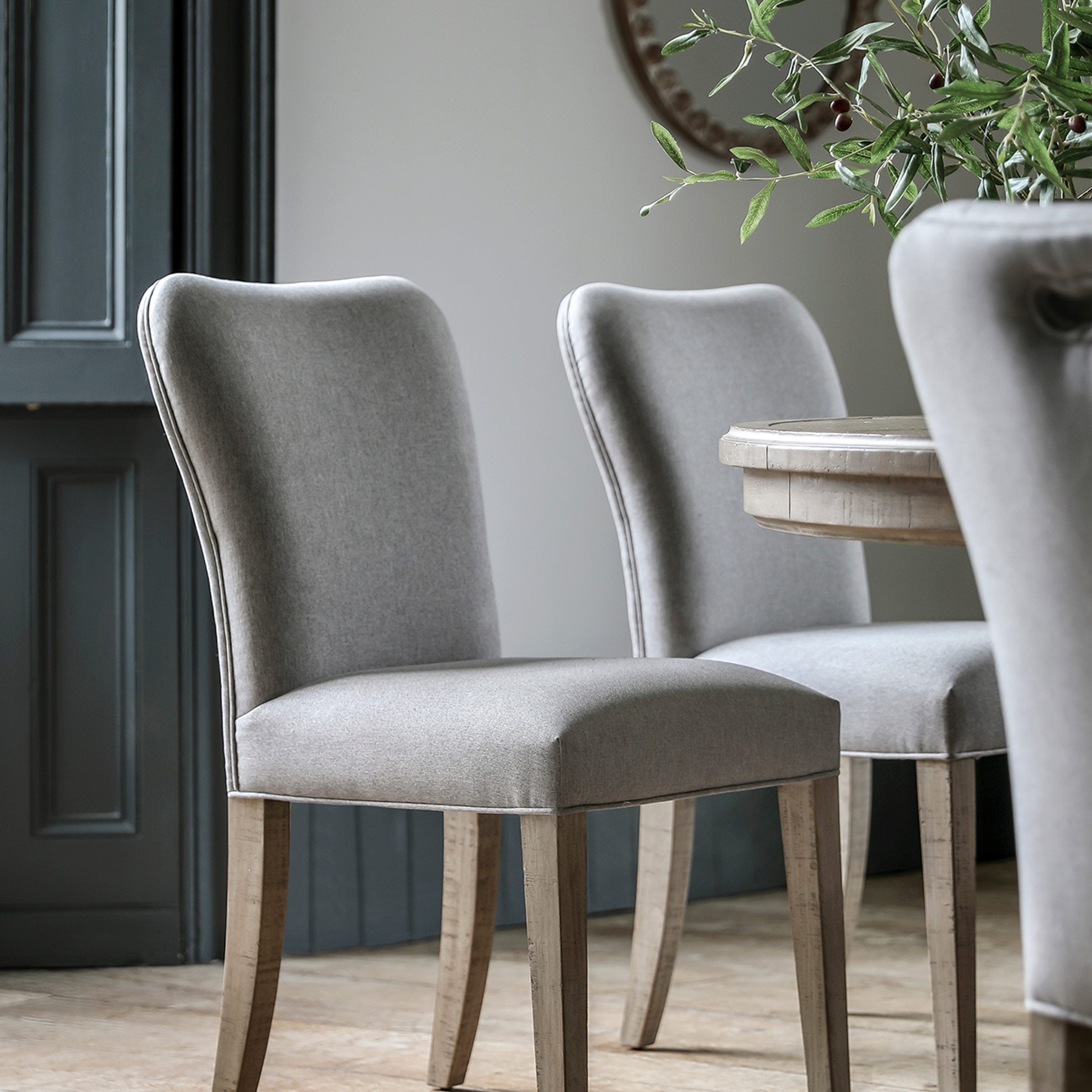 Pine dining chair with grey fabric seat