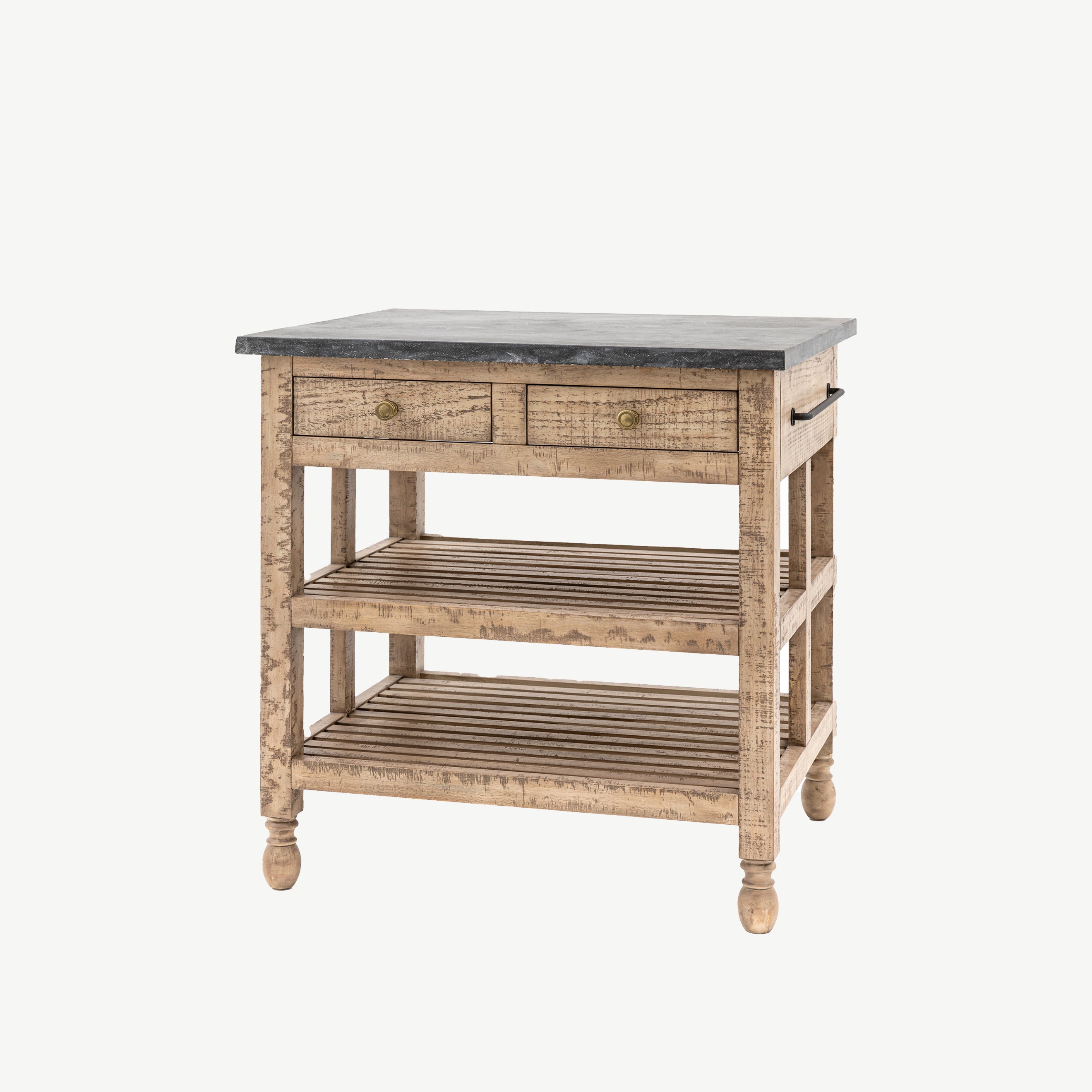 Pine kitchen island in natural finish with dark marble top