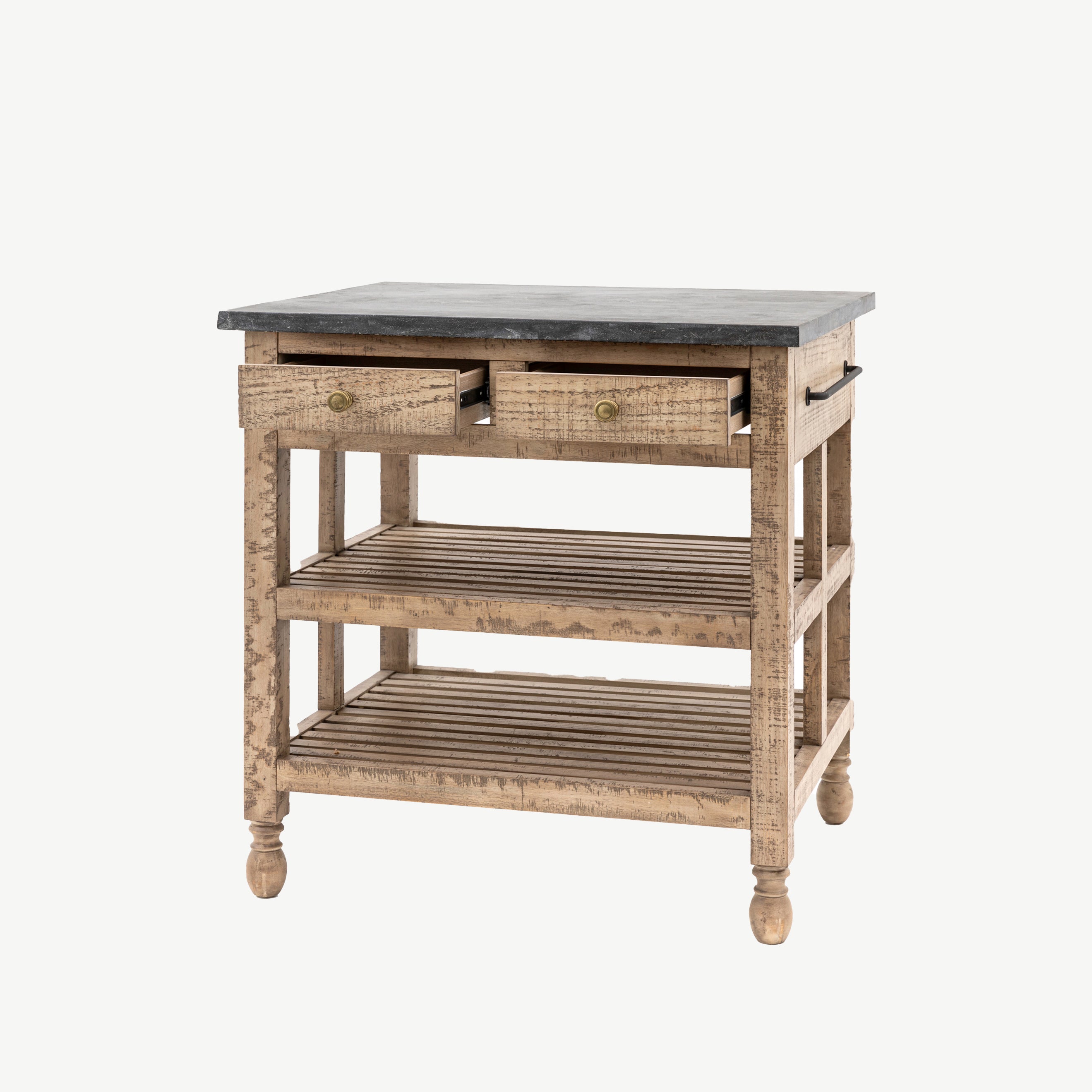 Pine kitchen island in natural finish with dark marble top