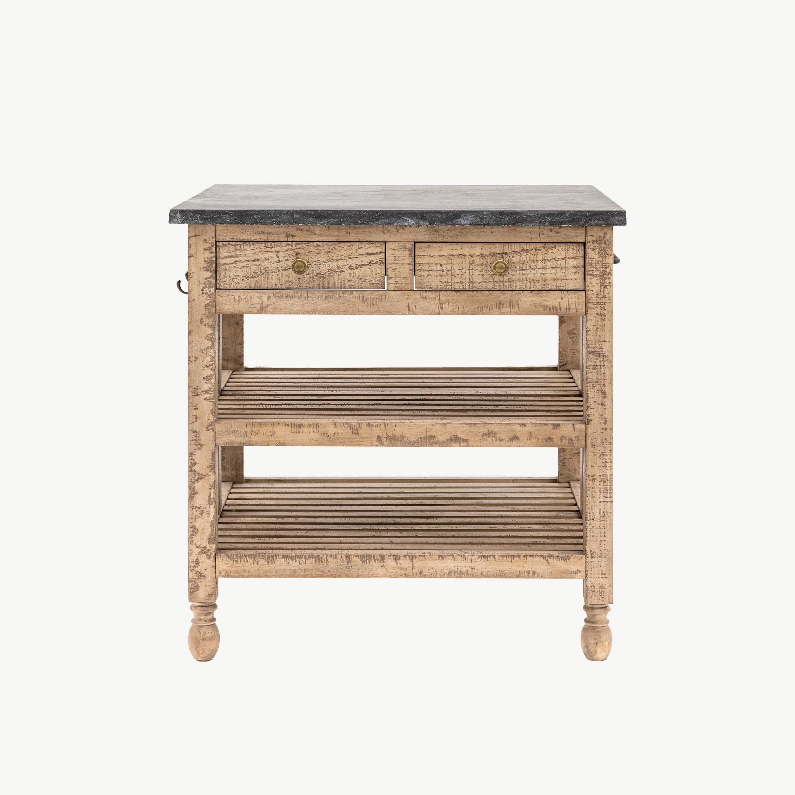 Pine kitchen island in natural finish with dark marble top