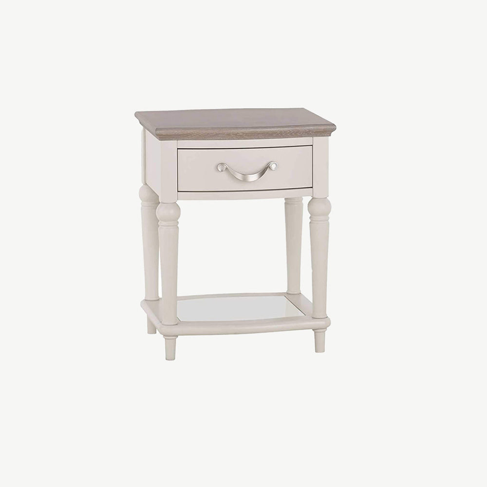 Oak soft grey lamp table with natural oak top
