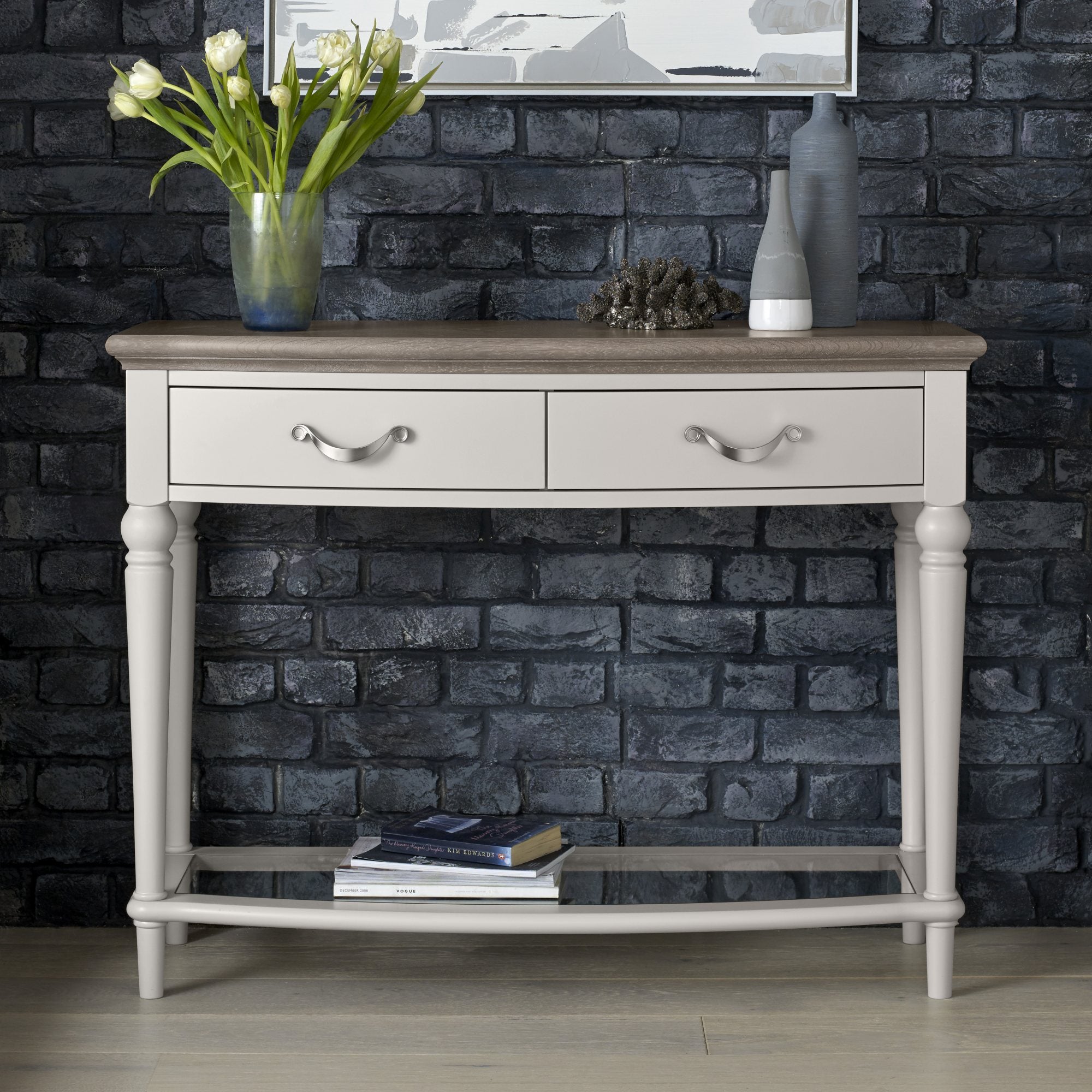 Oak soft grey console table with natural oak top
