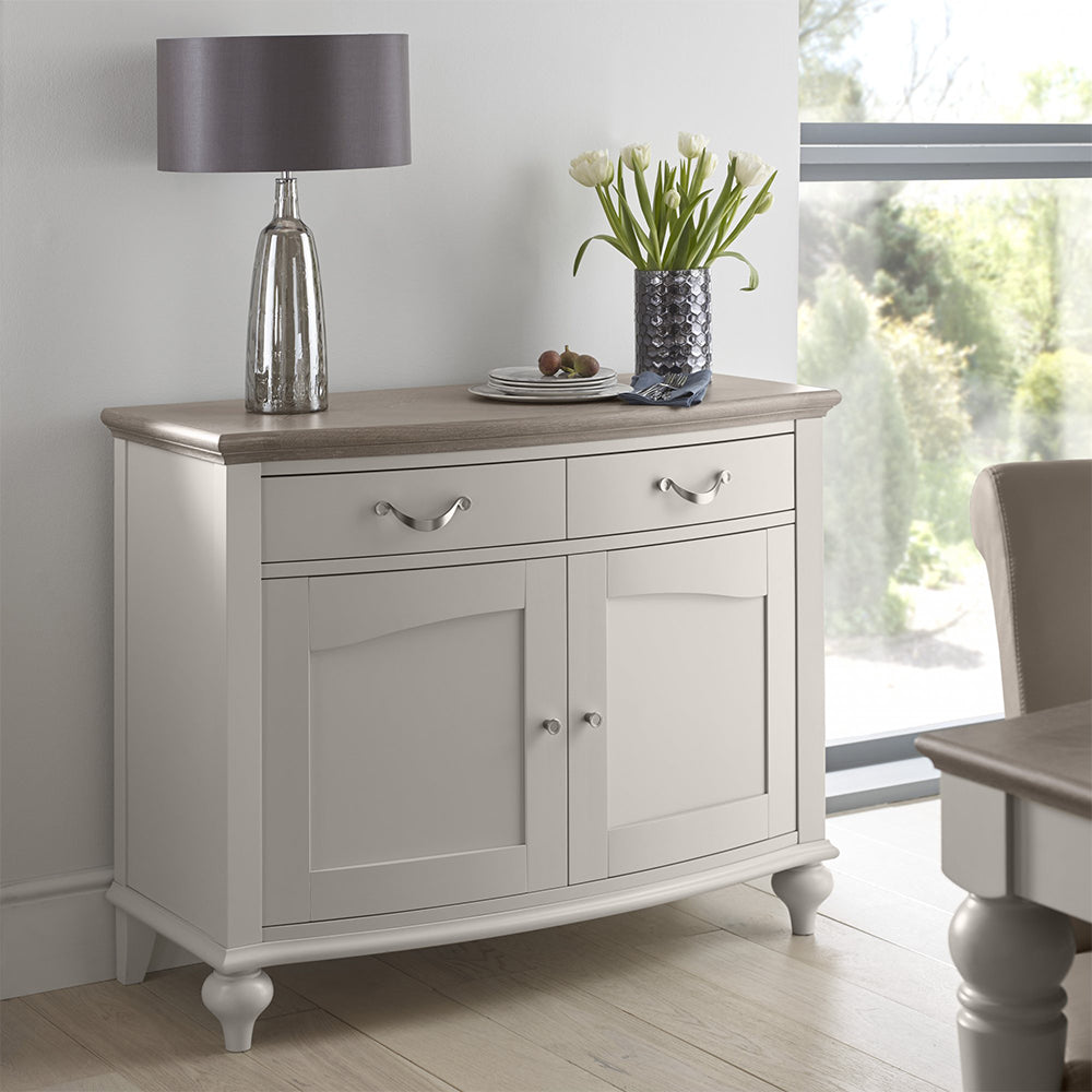 Oak soft grey narrow sideboard with natural oak top
