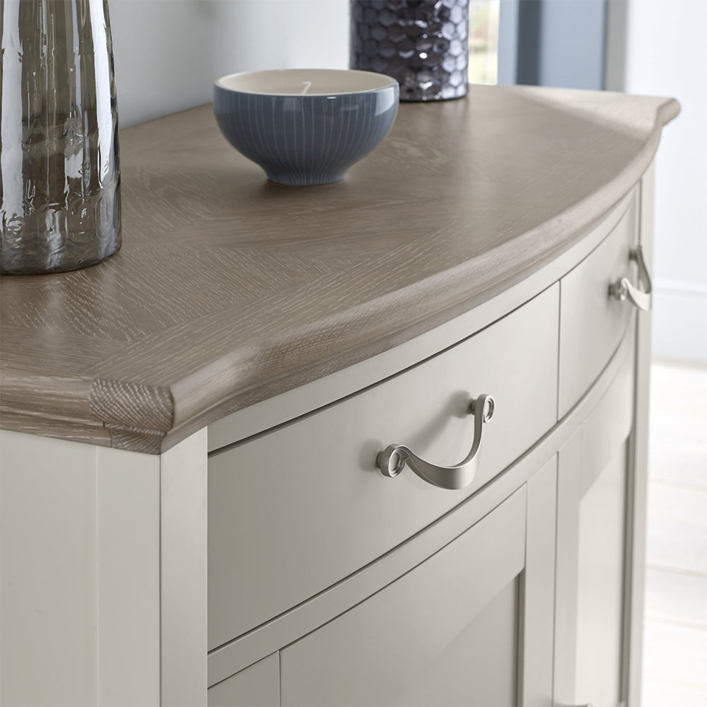 Oak soft grey narrow sideboard with natural oak top
