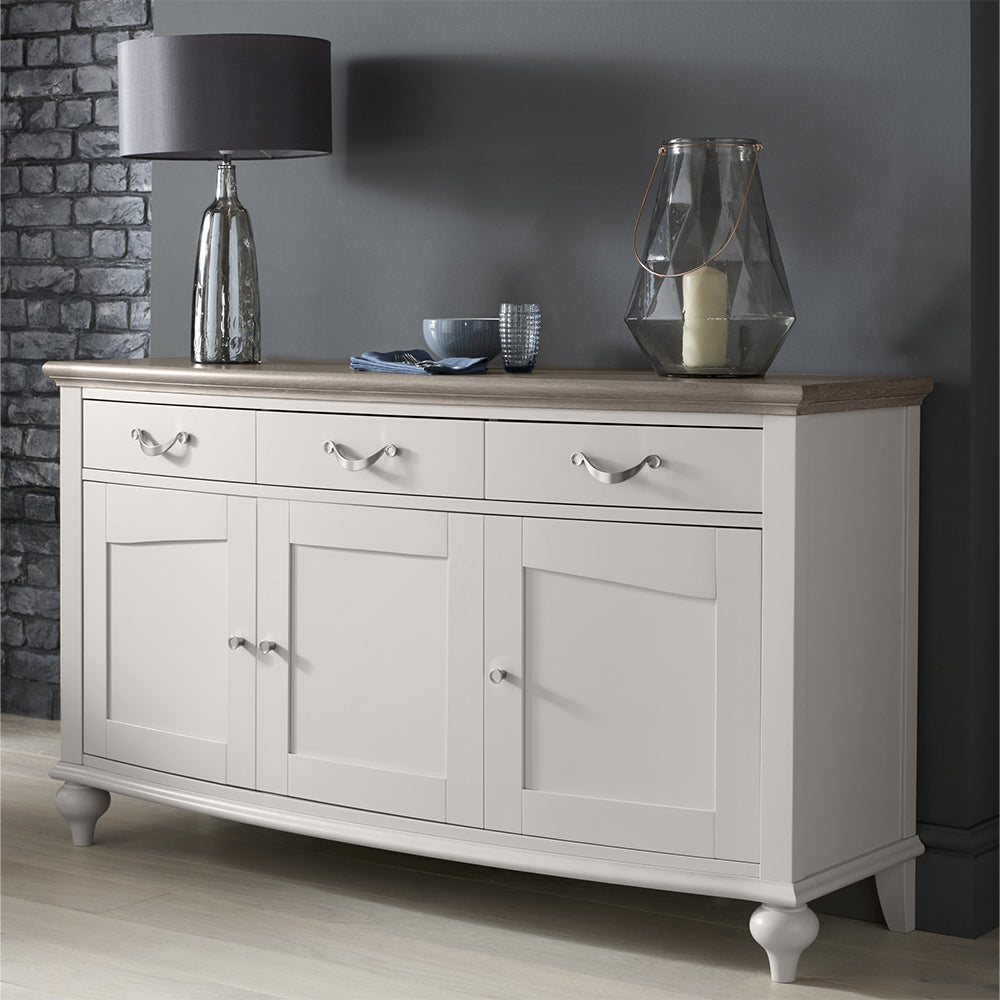 Oak soft grey wide sideboard with natural oak top
