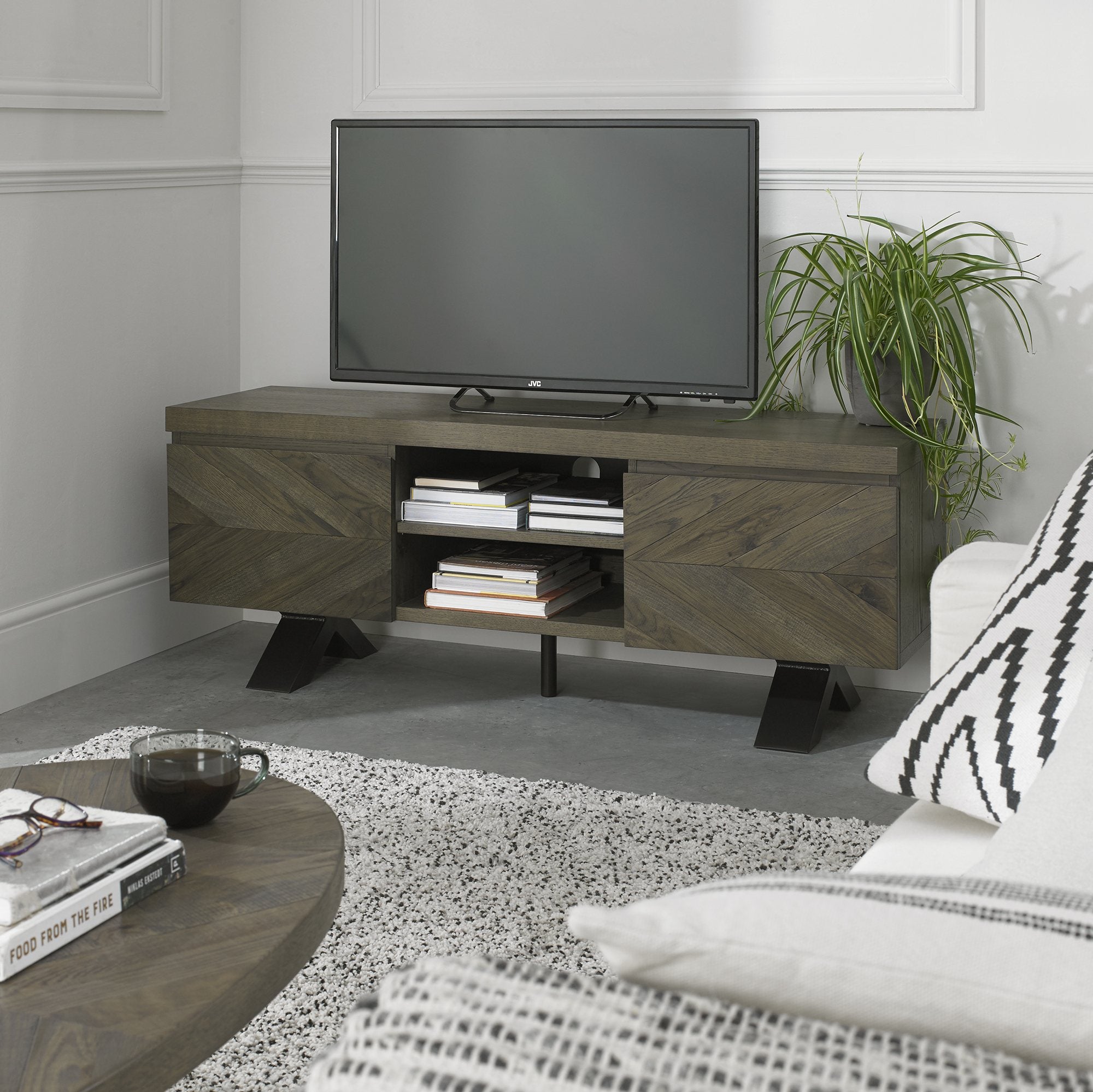 Solid oak entertainment unit with fumed oak marquetry tops & black powder coated metal base
