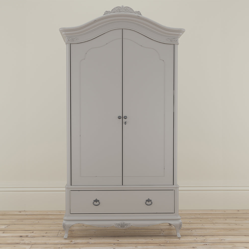 Stylish grey wardrobe with bottom drawer and two doors
