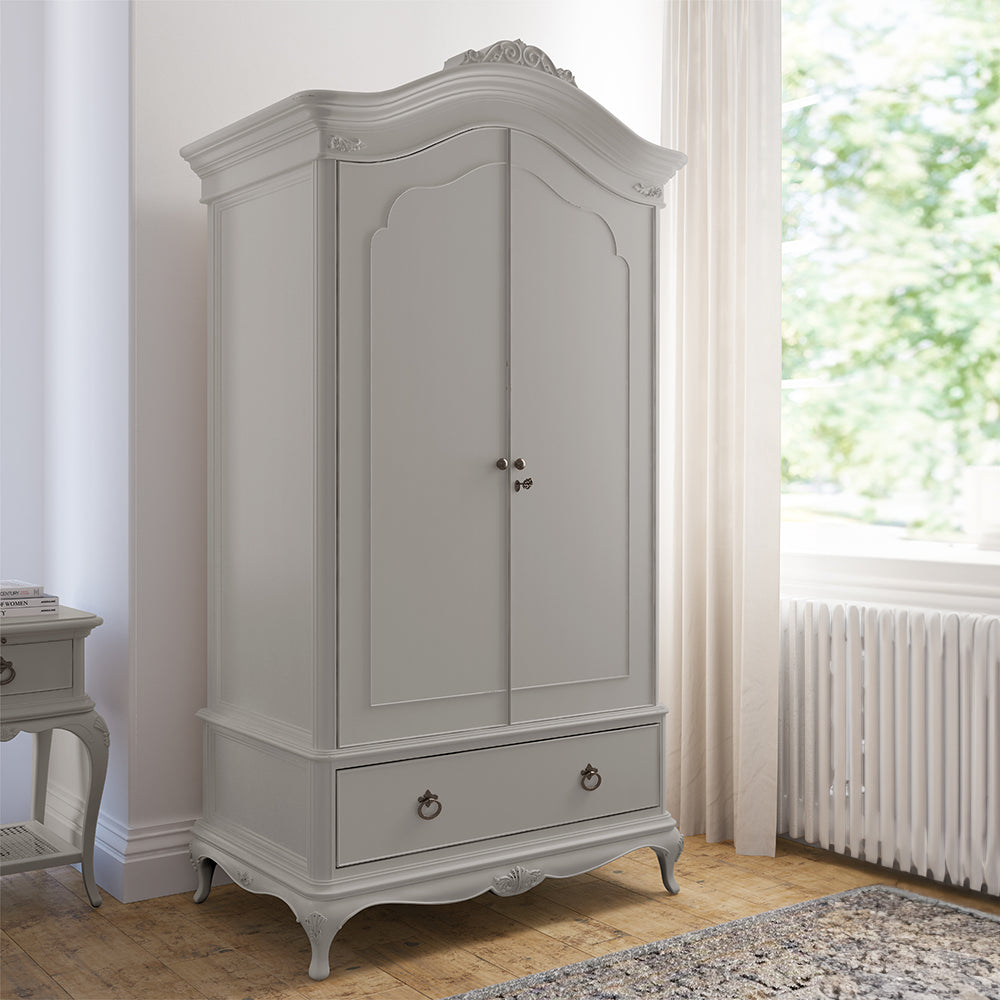 Stylish grey wardrobe with bottom drawer and two doors
