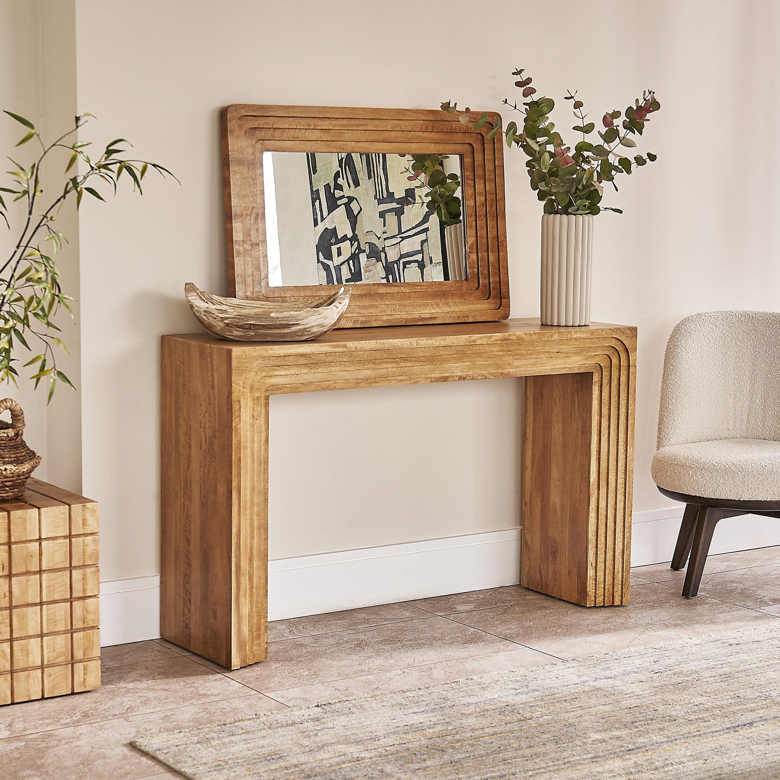 Pale mango wood console table with carved, layered arches