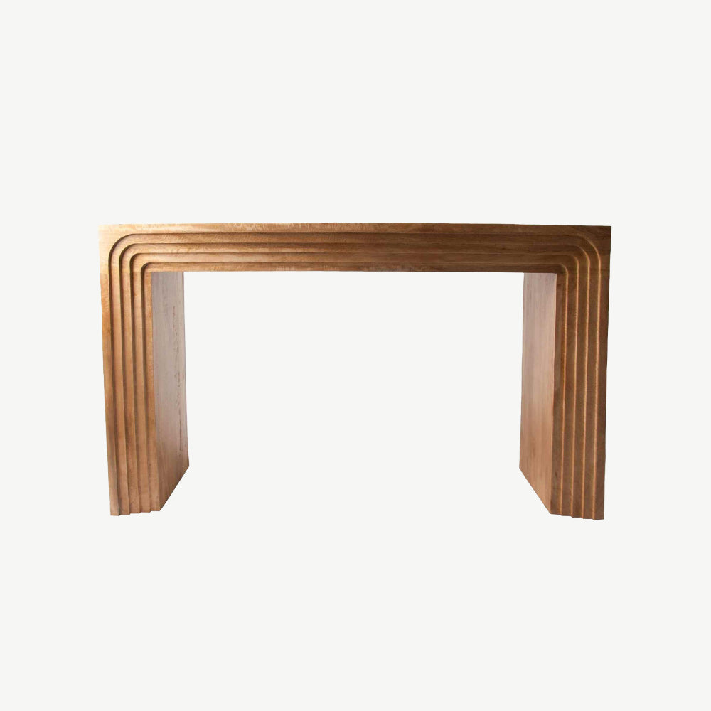 Pale mango wood console table with carved, layered arches