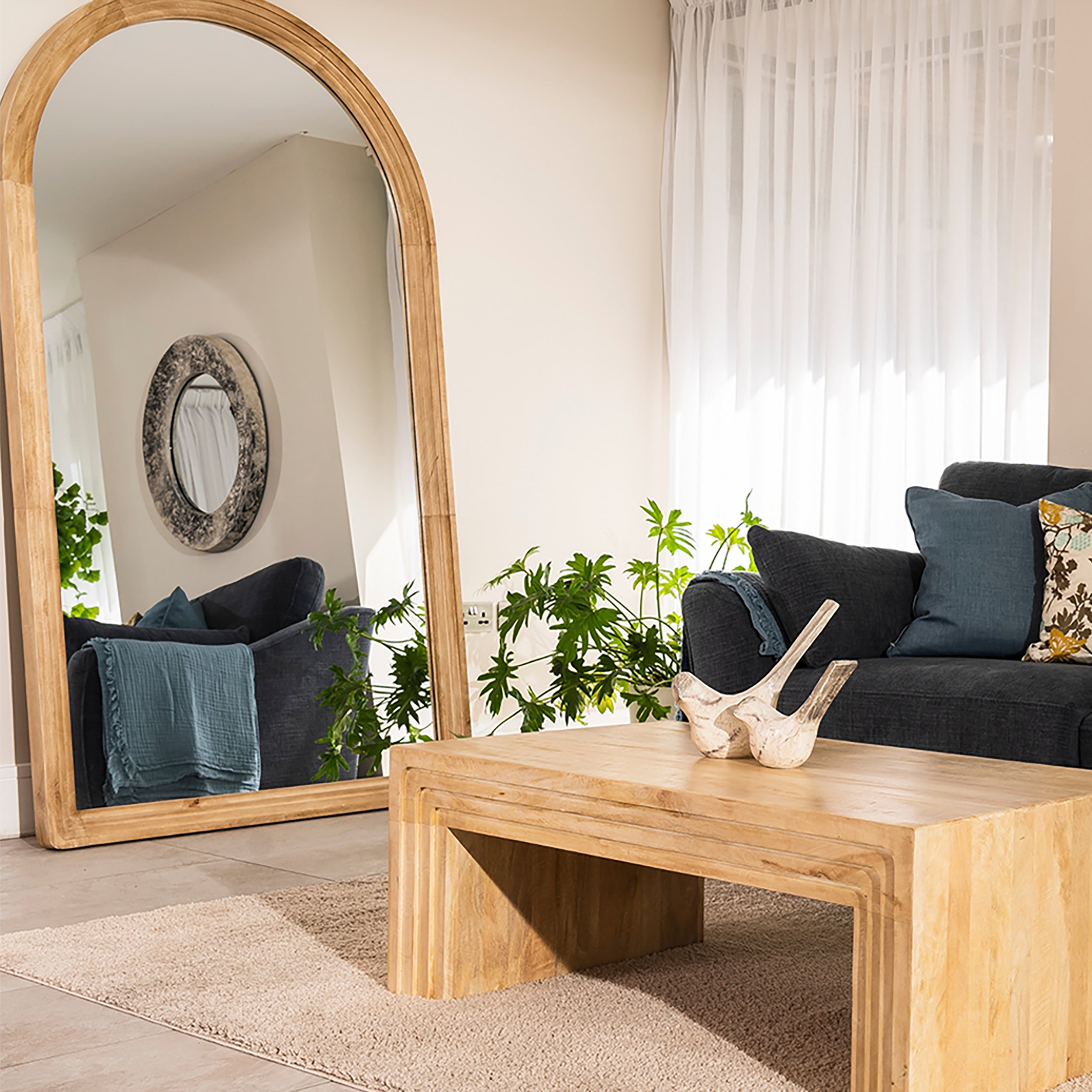 Pale mango wood extra large arched mirror with ribbed wooden frame