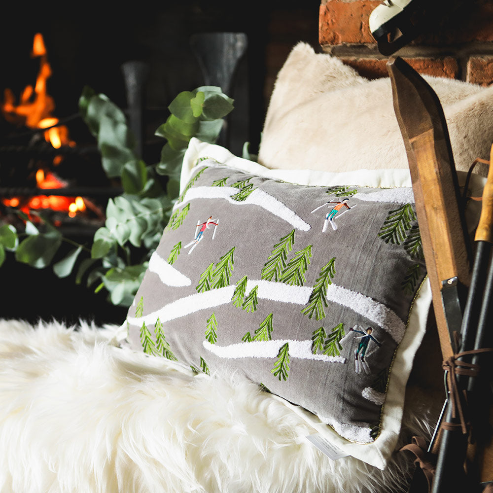 Winter Alpine Embroidered Taupe Cushion