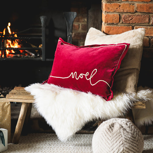 Winter Noel Applique Velvet Cushion Red