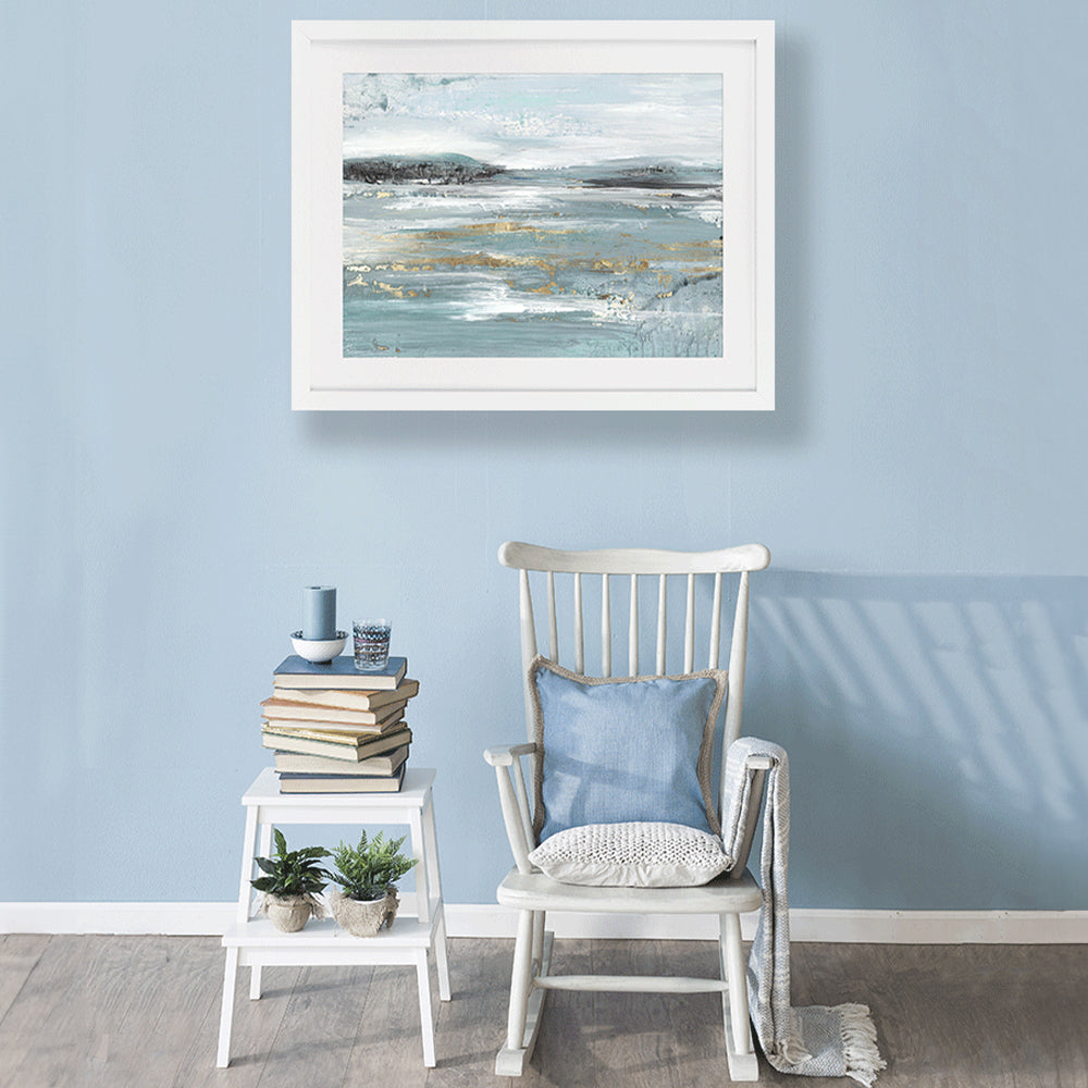 Peaceful abstract seascape artwork in a chic matt white wooden frame with off white mount