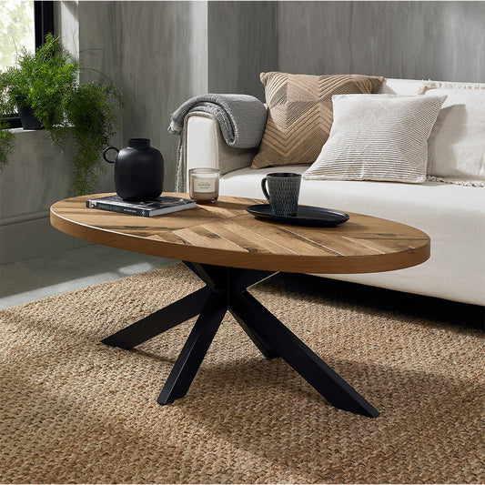 Solid oak coffee table with rustic oak marquetry tops & black powder coated metal base