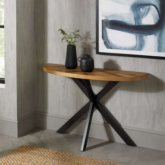 Solid oak console table with rustic oak marquetry tops & black powder coated metal base
