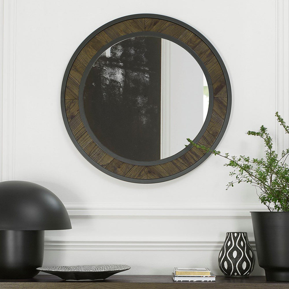 Solid oak wall mirror with black metal rim
