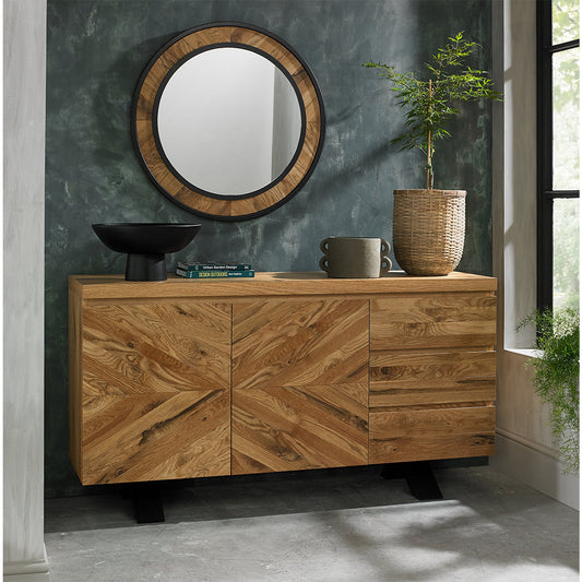 Solid oak wall mirror with black metal rim
