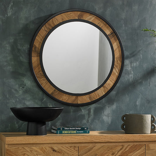 Solid oak wall mirror with black metal rim
